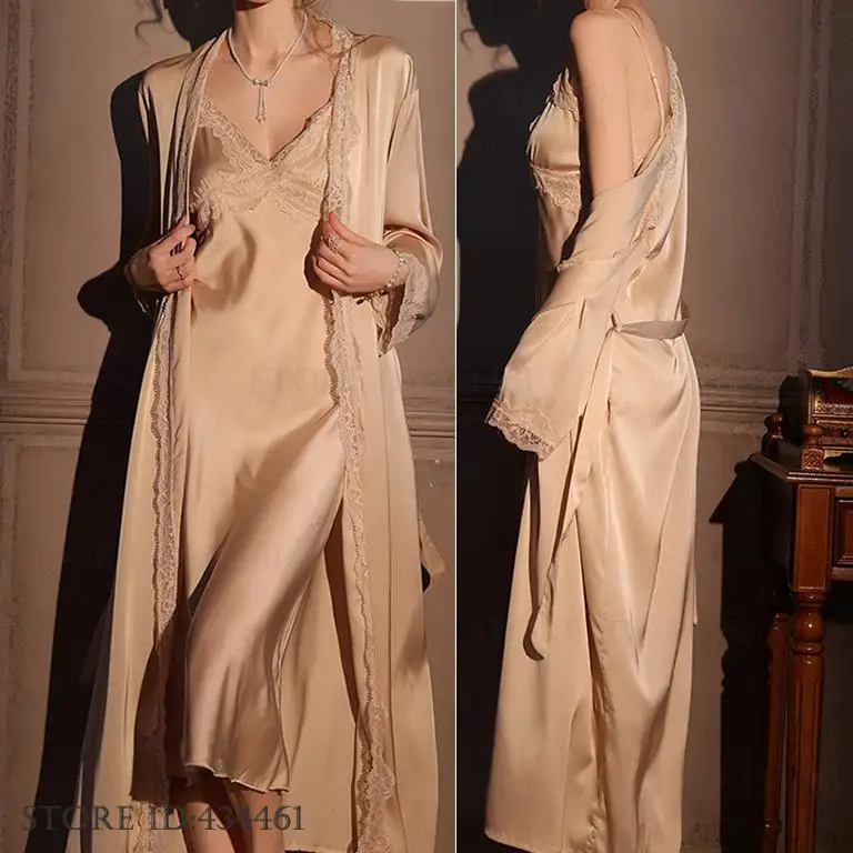 Female Long Robe 2PCS Set Eleg - Robe Silk Women 评论和价格