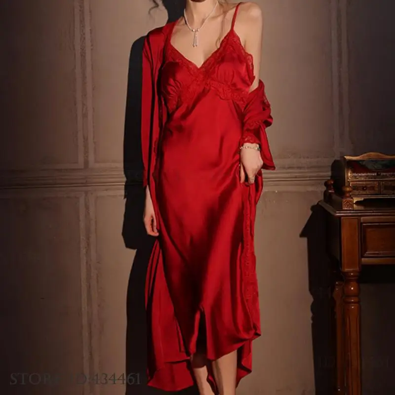 Female Long Robe 2PCS Set Eleg - Robe Silk Women 评论和价格